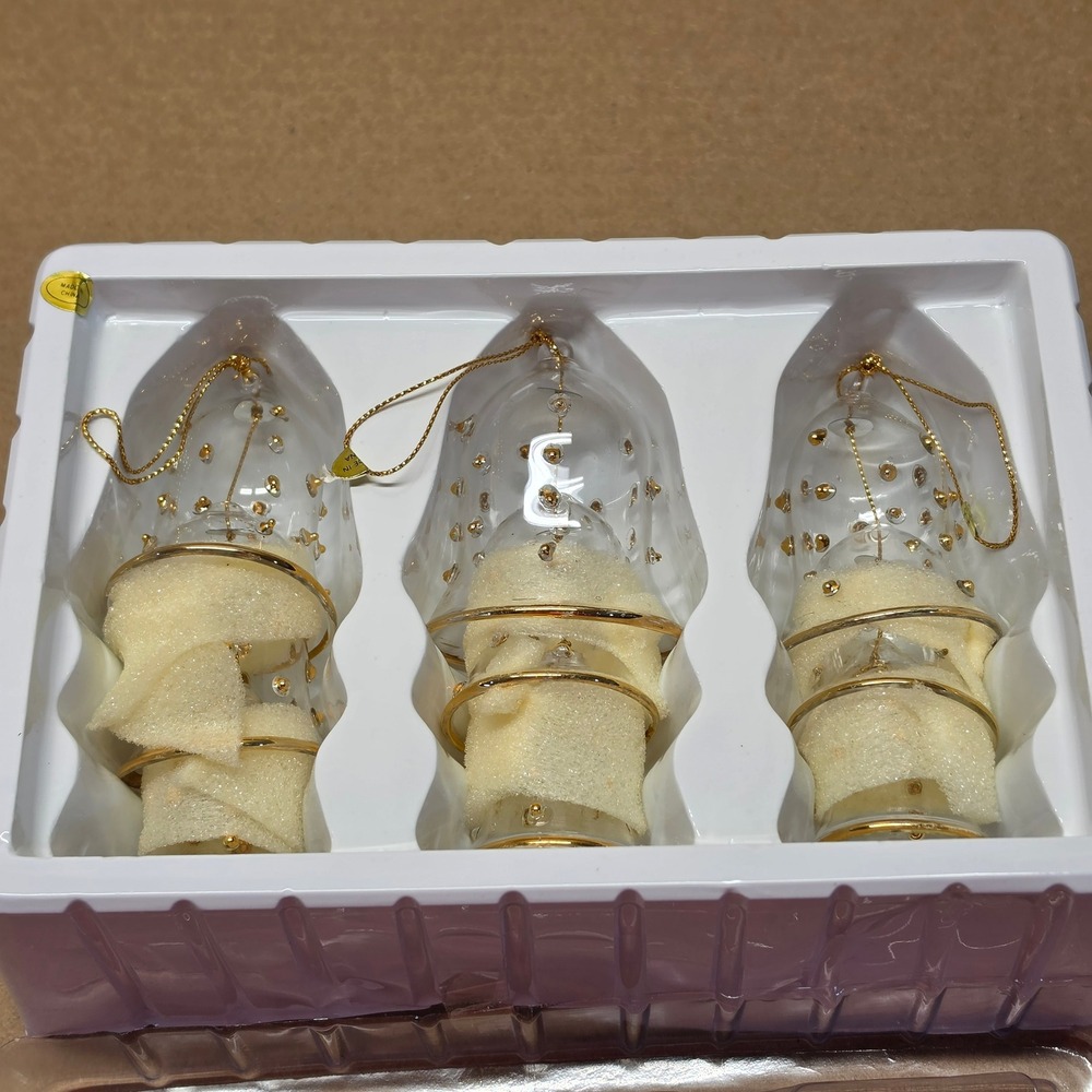 Vintage Dillard's Bell Ornaments 5in Clear Gold NEW Glass Beaded Set of 3